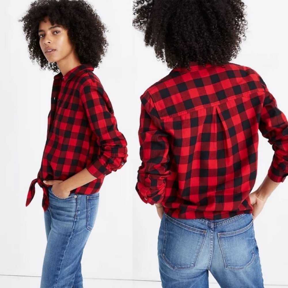 Madewell Tie Front Red Black Plaid Shirt Flannel Size XS Buffalo Check Cranberry